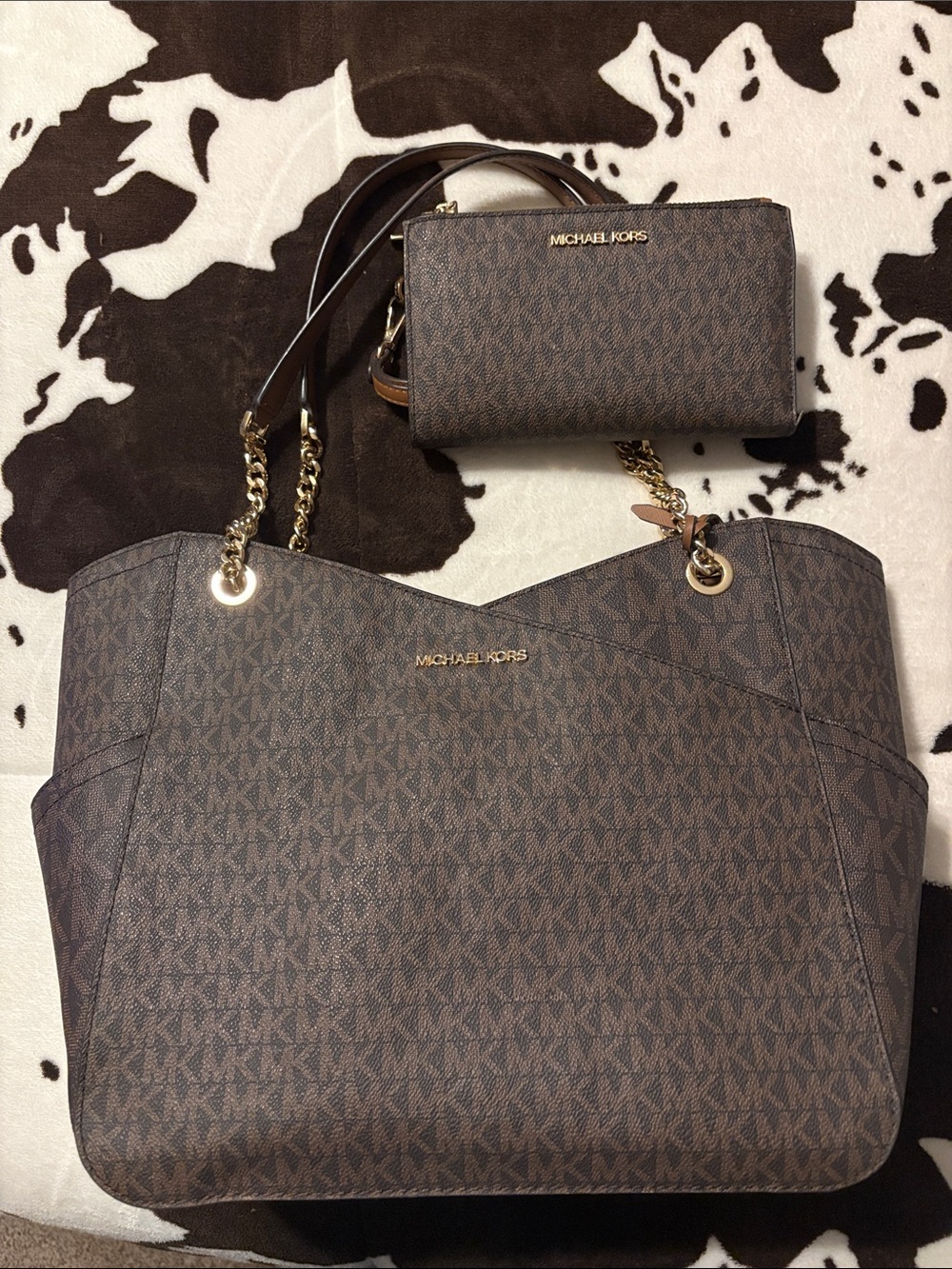 Michael Kors Brown MK Monogram Tote with Matching Wristlet
